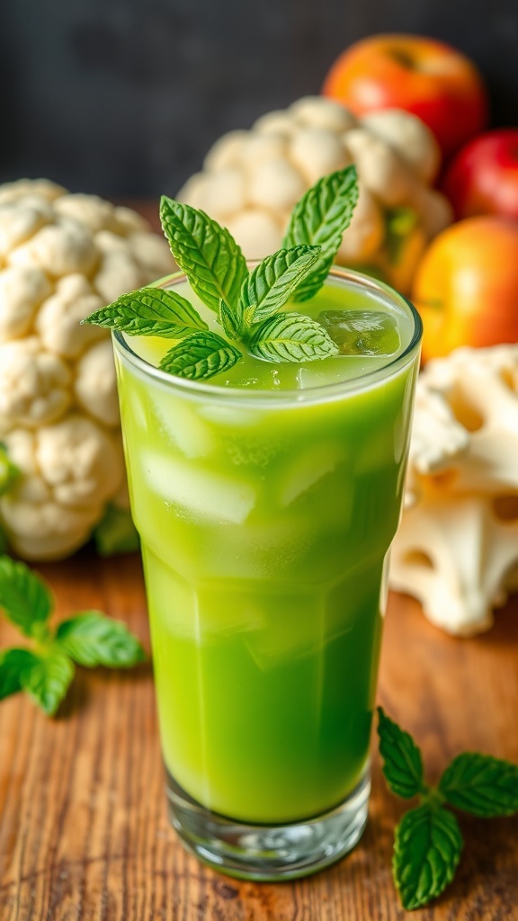 A glass of green cauliflower juice with mint leaves, served with fresh cauliflower and apples on a wooden table.